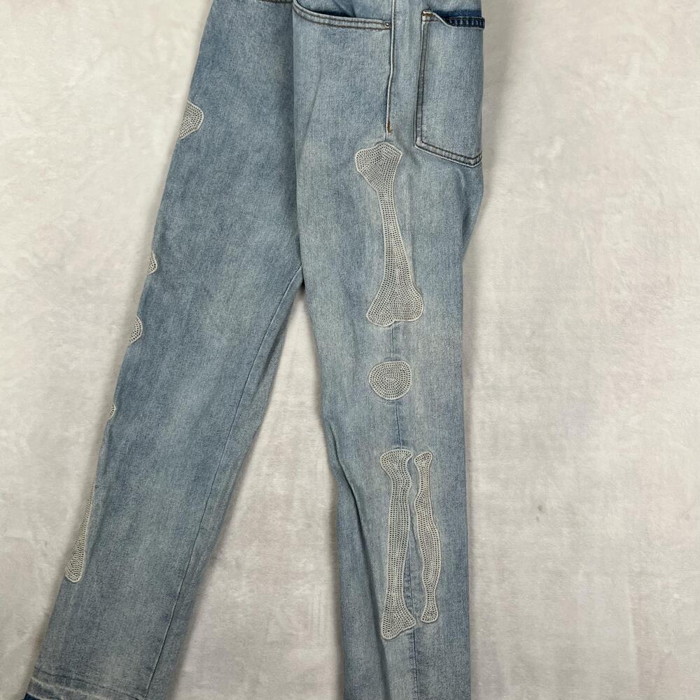 Mnml Jeans Mens 31x34 Blue Slim Skinny Bones Embroidered Denim Light Wash Pants - Picture 5 of 10